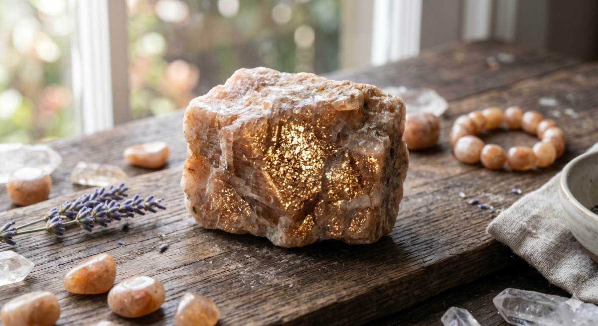 金太陽石（Sunstone），學名為日長石，屬於斜長石家族。