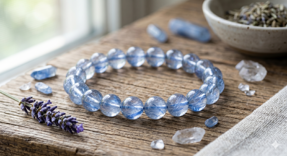 藍針水晶這顆被稱為「天使羽毛」的罕見水晶，藍針對應眉心輪（三眼輪），能幫助妳看透事情的表象，提升第六感與判斷力。