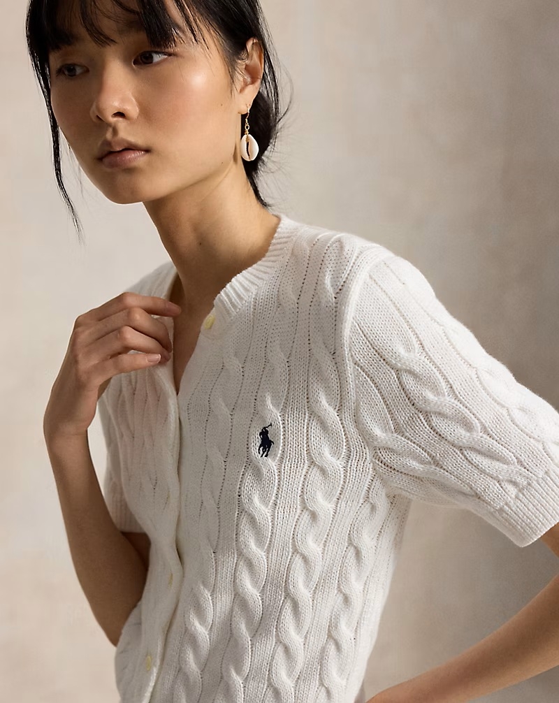 Polo Ralph Lauren 白色 麻花針織純棉短袖開襟衫