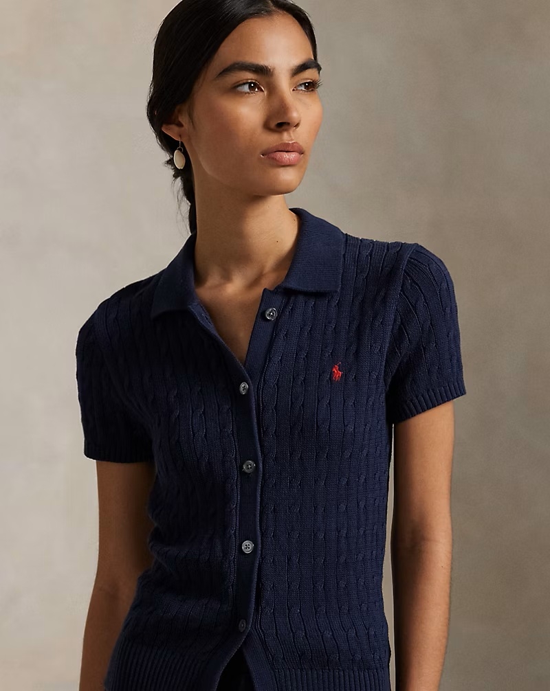 Polo Ralph Lauren 深藍色 麻花針織純棉短袖 Polo 開襟衫